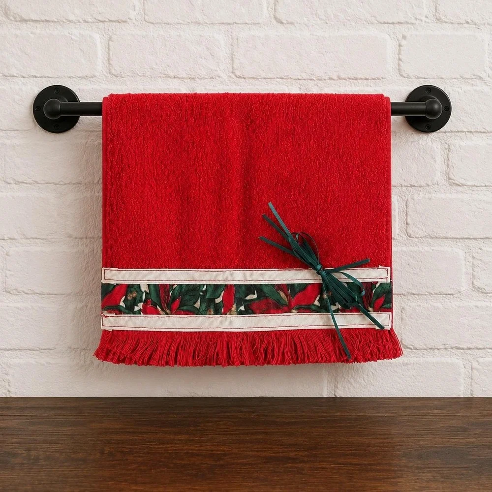 Handmade Christmas Decor Fingertip Towel - Vintage Cannon Red with Holly Trim